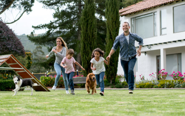 Happy family running outdoors and playing with their dogs